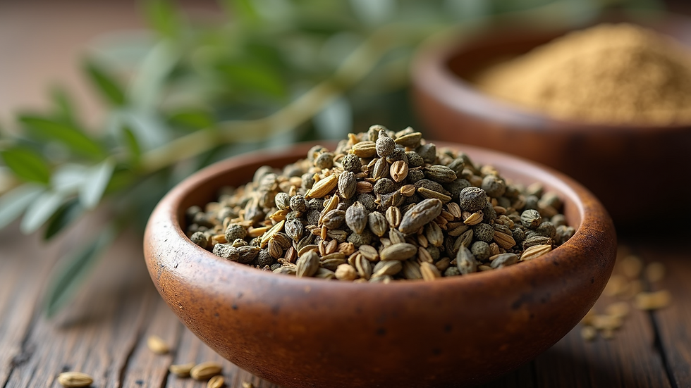 Close-up view of dried medicinal herbs in a wooden bowl