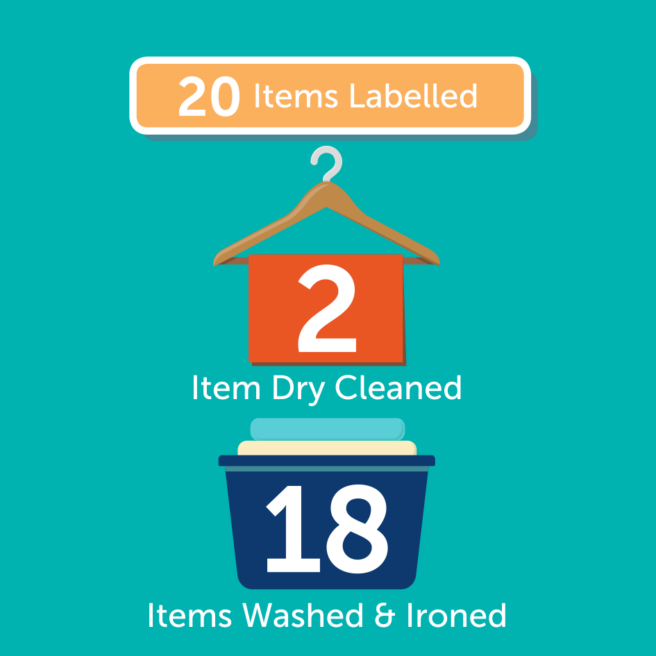 20 Items Labelled + 2 Items Dry Cleaned + 18 Items Laundered