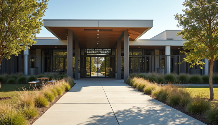 Eye-level view of a modern Australian school entrance with clear signage