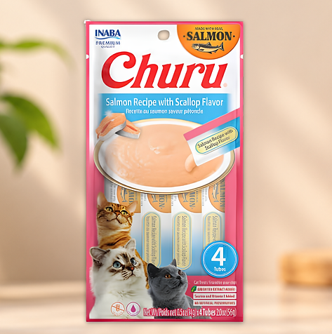 Churu Inaba premio cremoso para gatos sabor salmón con vieira, paquete con 4 tubos.