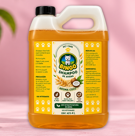Shampoo Bingo de avena aroma coco para perro presentación de 4 litros