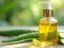 Frasco de vidro com óleo vegetal de babosa ao lado de folhas verdes frescas de aloe vera sobre superfície clara