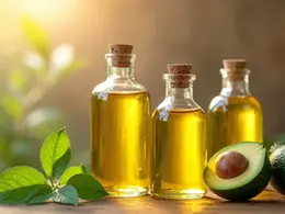 Frascos de óleo de jojoba, óleo de rícino e óleo de abacate sobre superfície de madeira com folhas verdes ao redor