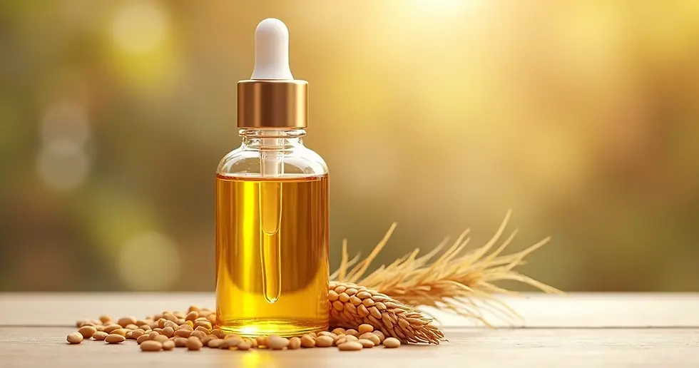 Frasco de vidro âmbar com óleo de linhaça dourada, conta-gotas e tampa lacrada sobre superfície de madeira clara com sementes de linhaça dourada ao lado