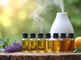 Glass bottles of essential oils with fresh herbs and a diffuser on a wooden surface