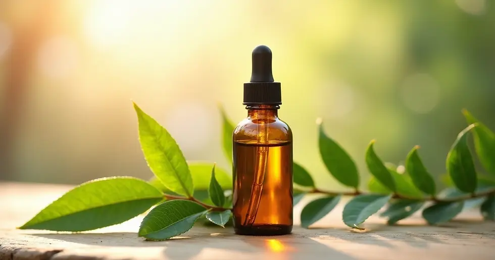 Frasco âmbar de óleo de argan marroquino com conta-gotas sobre superfície de madeira clara, folhas verdes ao fundo