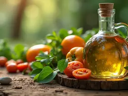 Frascos de vidro âmbar com óleos vegetais de alecrim, ojon polpa e rícino dispostos sobre superfície de madeira clara, com folhas frescas de alecrim ao lado e luz natural suave iluminando a cena