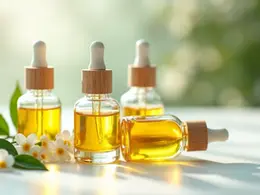 Several glass bottles with natural oils and a wooden dropper on a white surface surrounded by green leaves and flowers