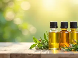 Três frascos de vidro com óleos vegetais de alecrim, semente de ojon e rícino sobre mesa de madeira clara, cercados por folhas frescas e flores naturais em fundo suave e iluminado