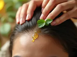 Close-up of a woman lightly touching her healthy scalp with natural oils and green plants around