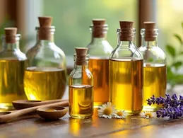 Bottles of natural oils with wooden spoons and fresh flowers on a wooden surface for relaxing massage