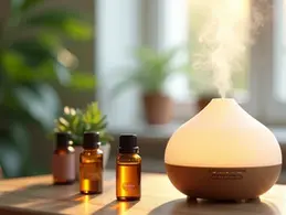 Ultrasonic essential oil diffuser emitting mist on a wooden table with essential oil bottles around in soft natural light