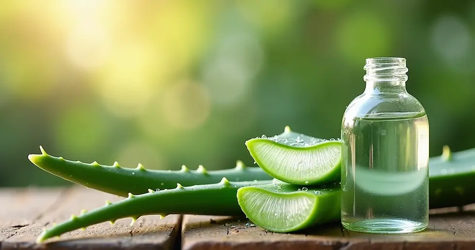 Close-up of fresh aloe vera leaves next to a clear glass bottle filled with aloe vera gel on a wooden surface with soft natural lighting