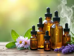 Glass bottles with natural vegetable and essential oils surrounded by fresh herbs and flowers on wooden surface