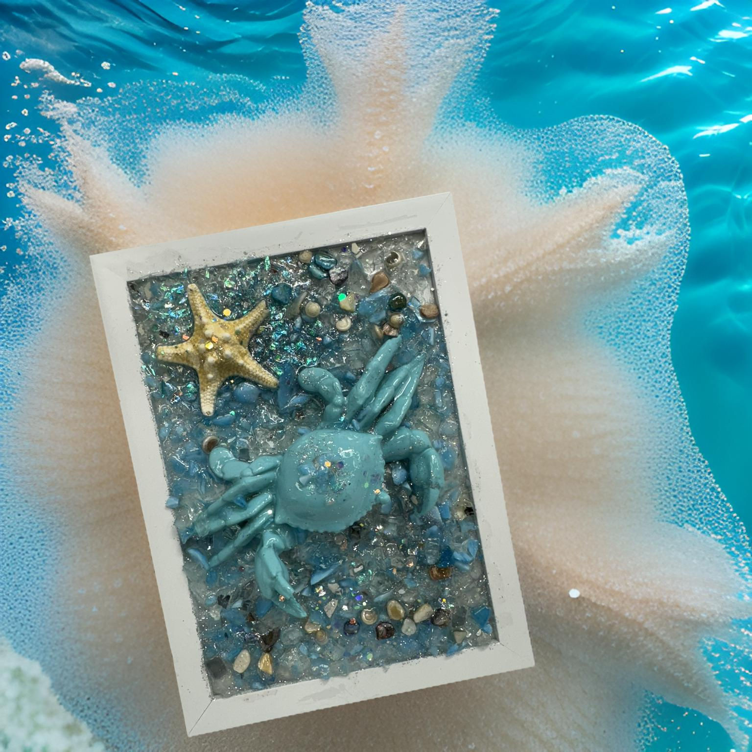 "Handcrafted Blue Crab Beach Art - 5x7 Frame with Seashell and Starfish Accents"
