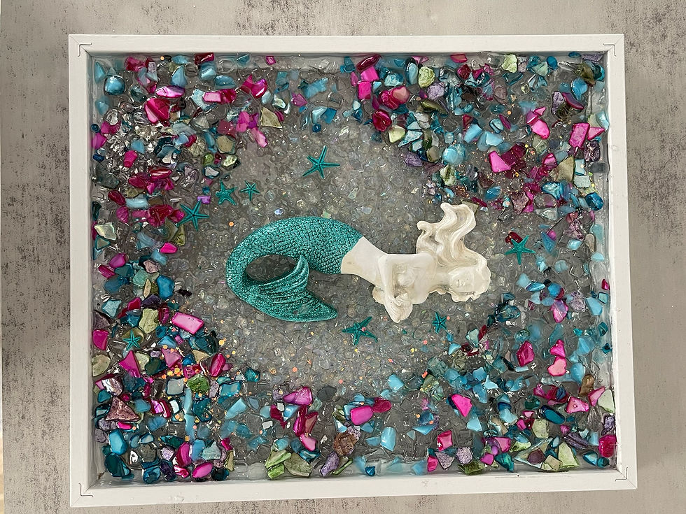 Thumbnail: Sea Glass Home Decor"White Frame Beach-Themed Glass Art with Mermaid, Shells, &