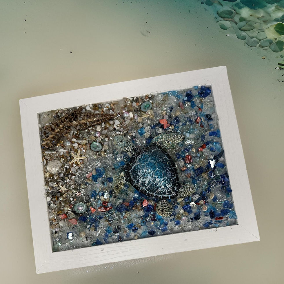 Thumbnail: 5x7 Blue Turtle Coastal Art – White Frame with Blue Glass Water, Rocky Beach, St