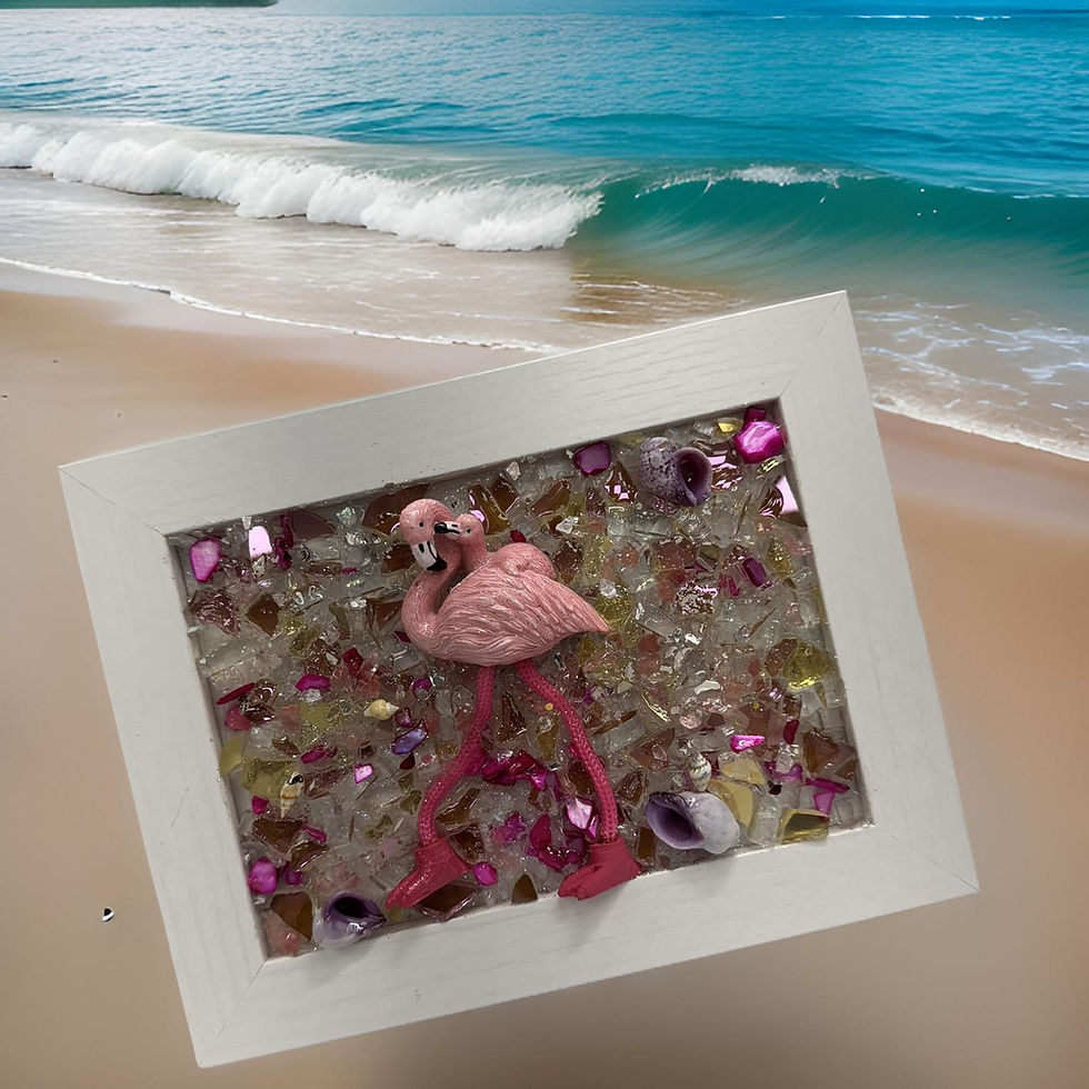 Thumbnail: "Flamingo Beach Glass Art - 5x7 White Frame with Rose Gold and Seashells"