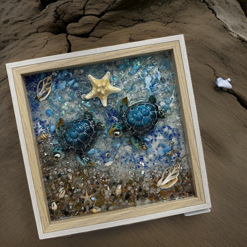 Thumbnail: 8x8 Two-Tone Frame – Big-Eyed Blue Turtles Swimming to a Rocky Shore