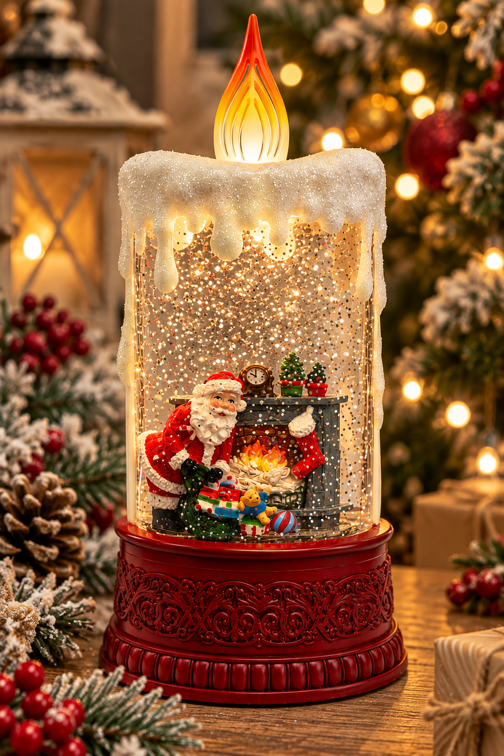 Santa by the Fireplace lighted musical candle snow globe with swirling glitter and Christmas scene