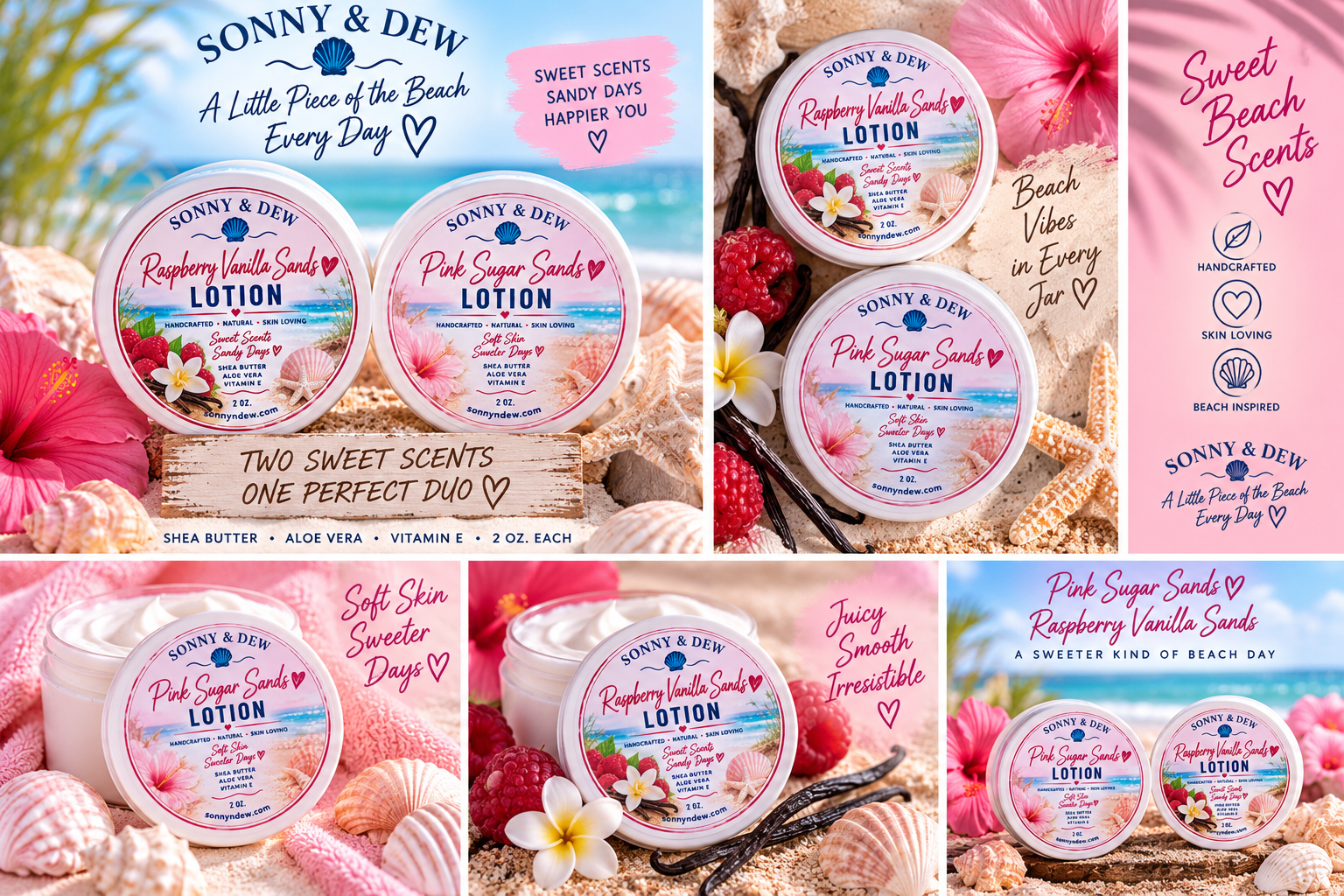 Sonny & Dew Pink Sugar Sands and Raspberry Vanilla Sands 2 oz lotion sampler duo