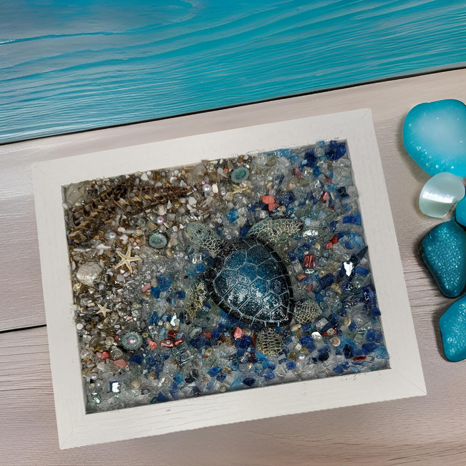 5x7 Blue Turtle Coastal Art – White Frame with Blue Glass Water, Rocky Beach, St