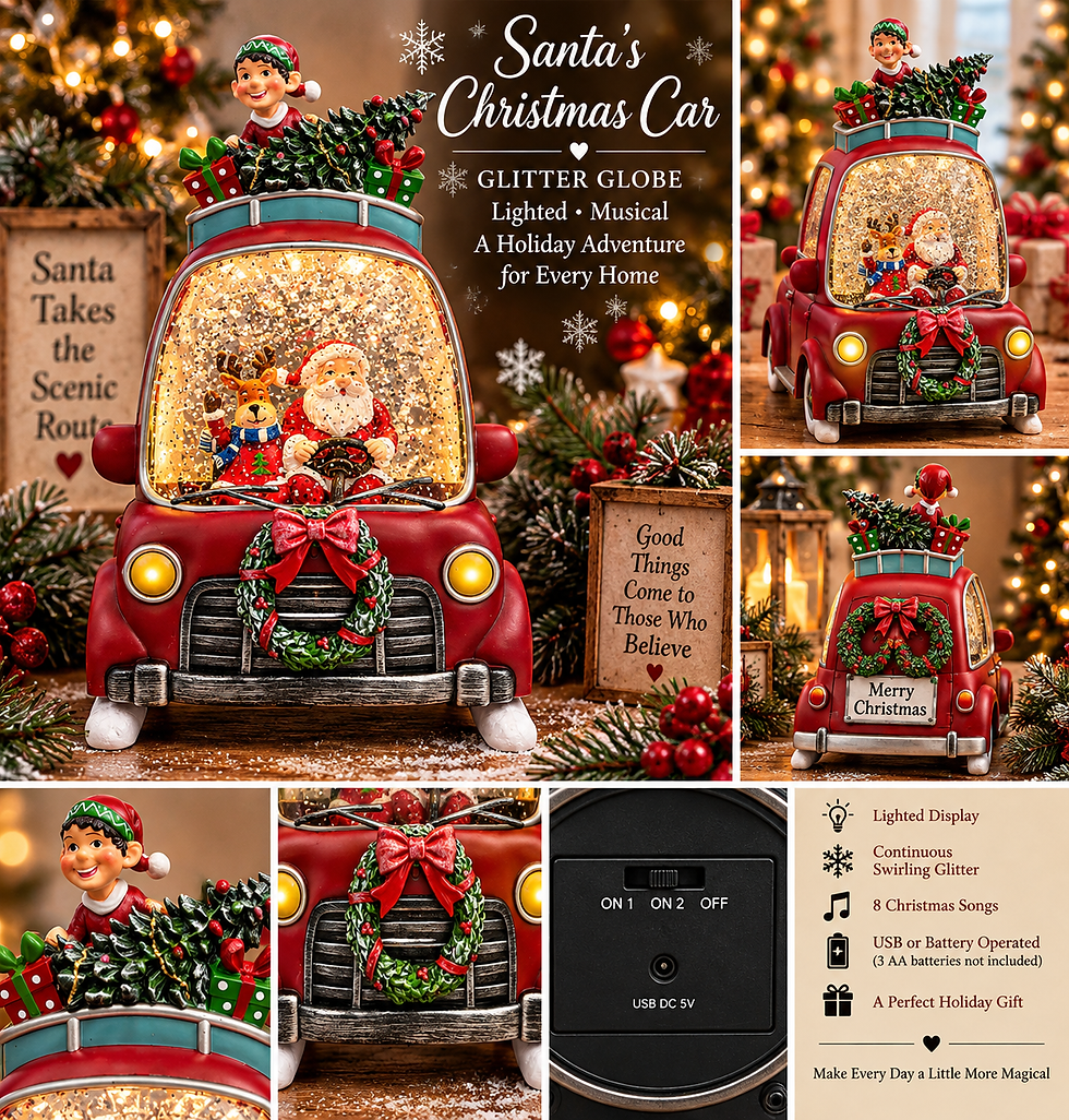 Lighted red Santa Christmas car featuring Santa, reindeer, an elf, Christmas tree, presents and swirling glitter.