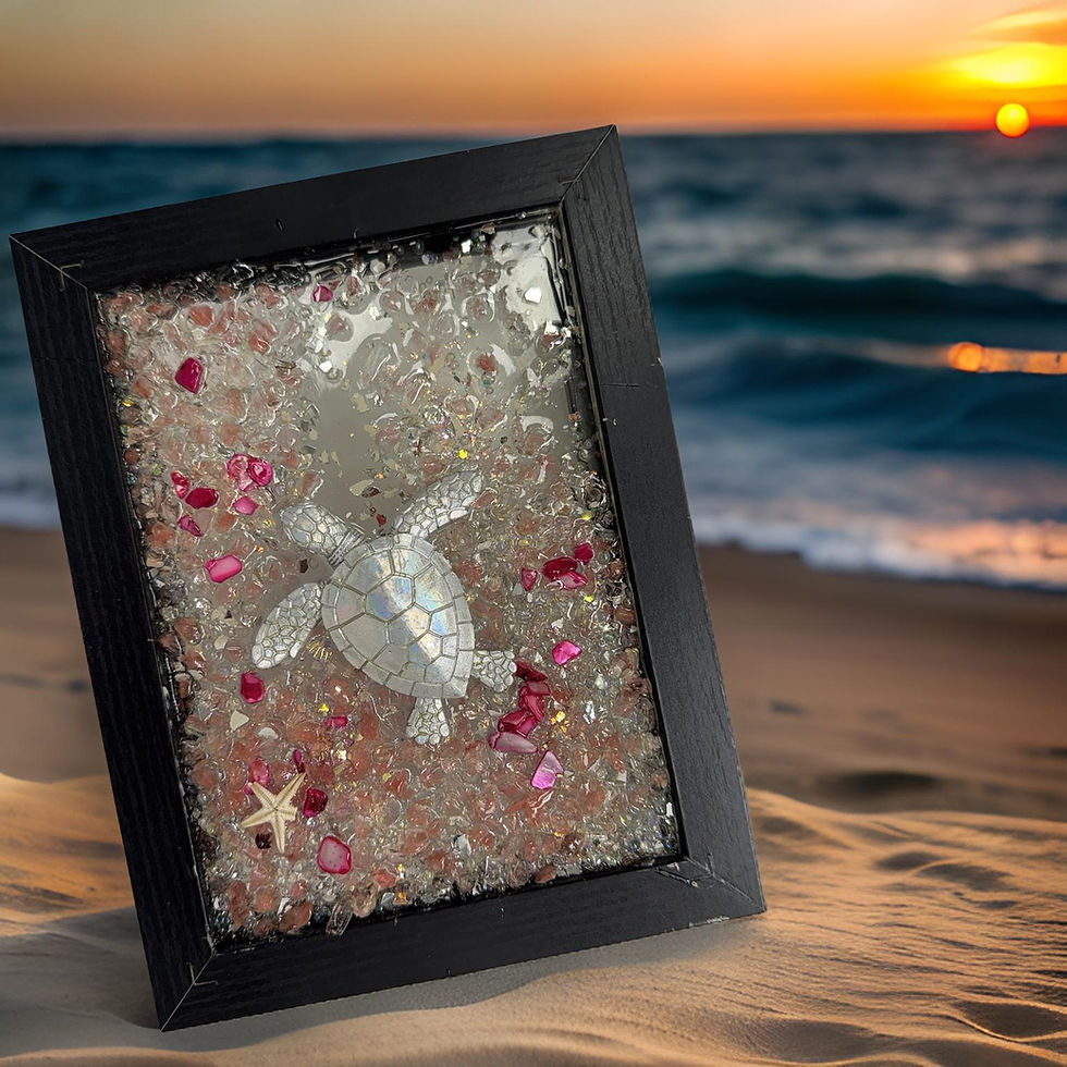 Thumbnail: 5x7 Black Frame Sea Turtle Art – Silvery Turtle with Glass Accents, Pink Crushed
