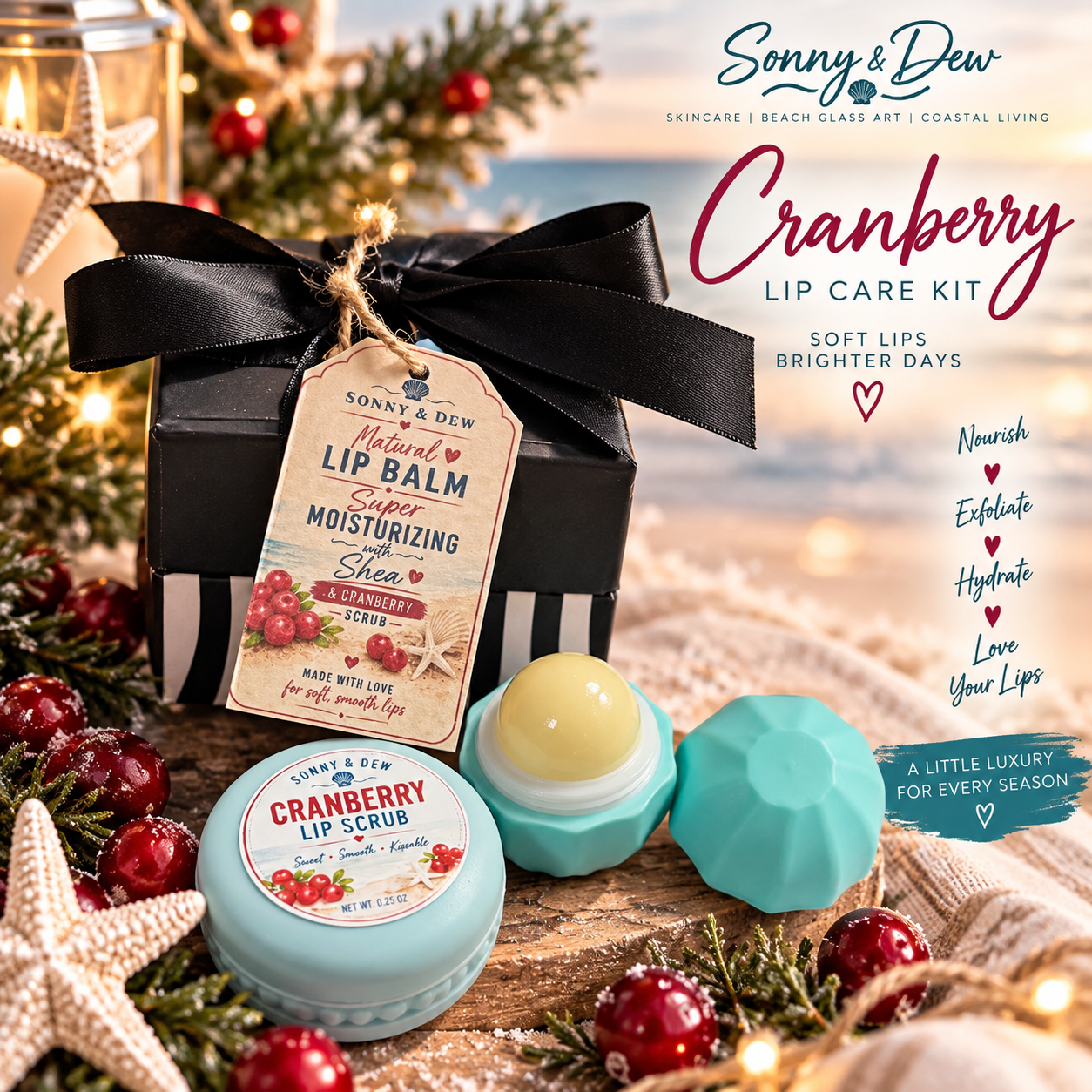 Sonny & Dew Cranberry Lip Care Gift Box with lip scrub and moisturizing lip balm