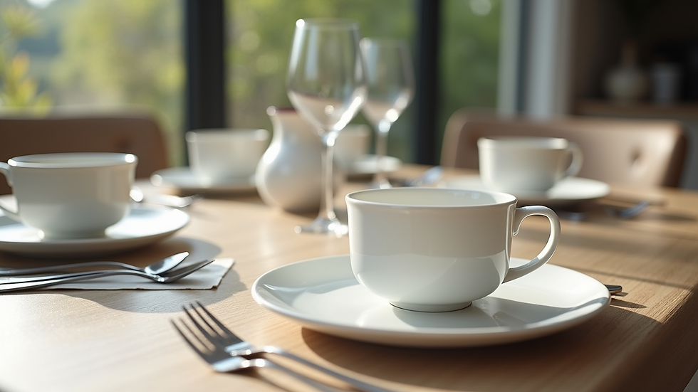 Eye-level view of a modern dining table set with elegant white dinnerware
