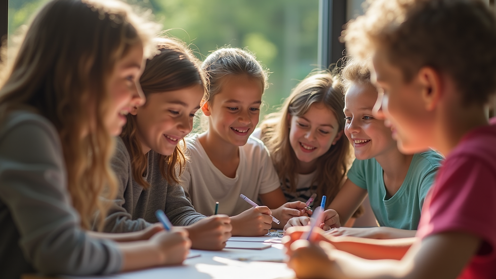 Eye-level view of a group of youth engaged in a team-building activity