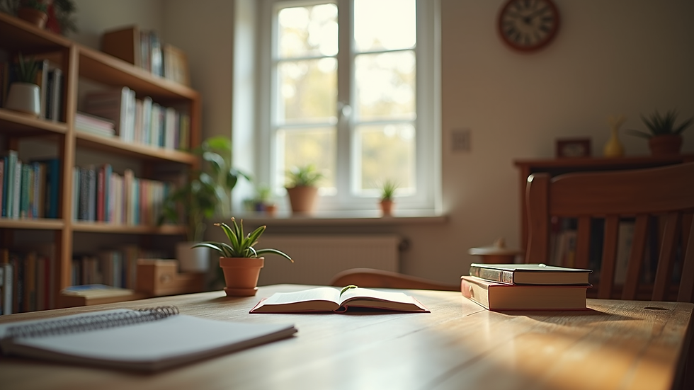 Eye-level view of a cozy homeschooling setup with books and learning materials