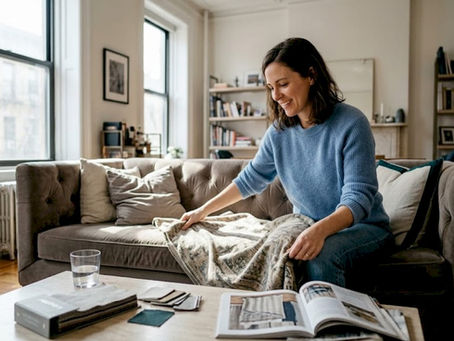 Woman arranging designer textiles in home