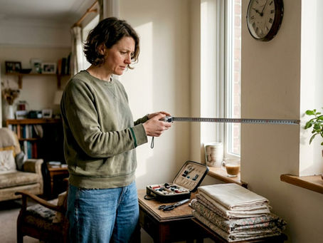 Person measuring window in cozy living room