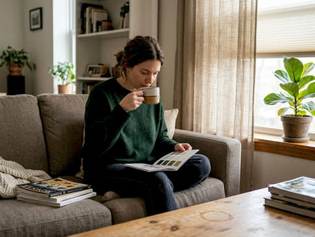 Woman selecting layered window coverings in cozy living room