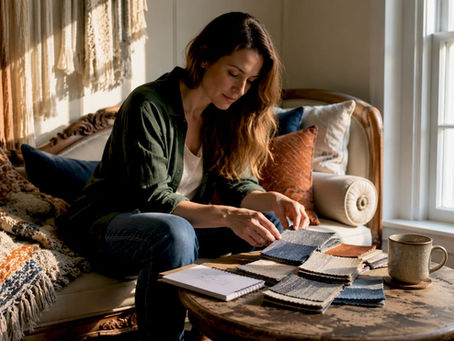 Woman arranging textiles and fabric swatches in living room