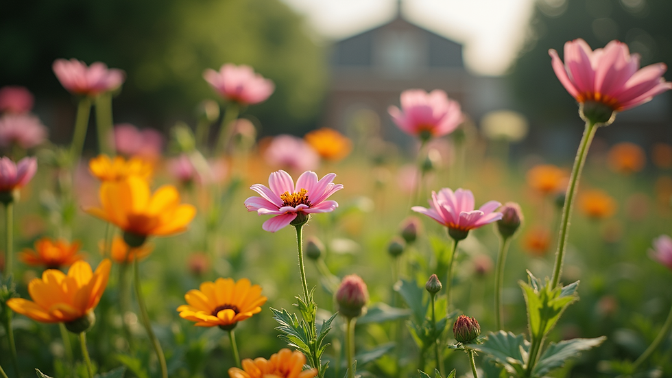 Eye-level view of a community garden with blooming flowers