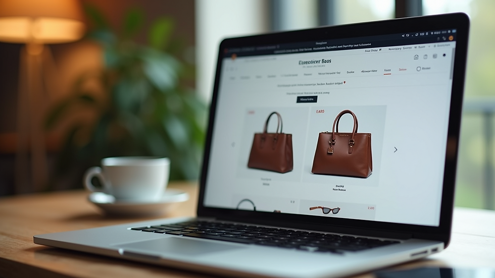 Close-up view of a laptop screen showing an online shopping website for designer bags