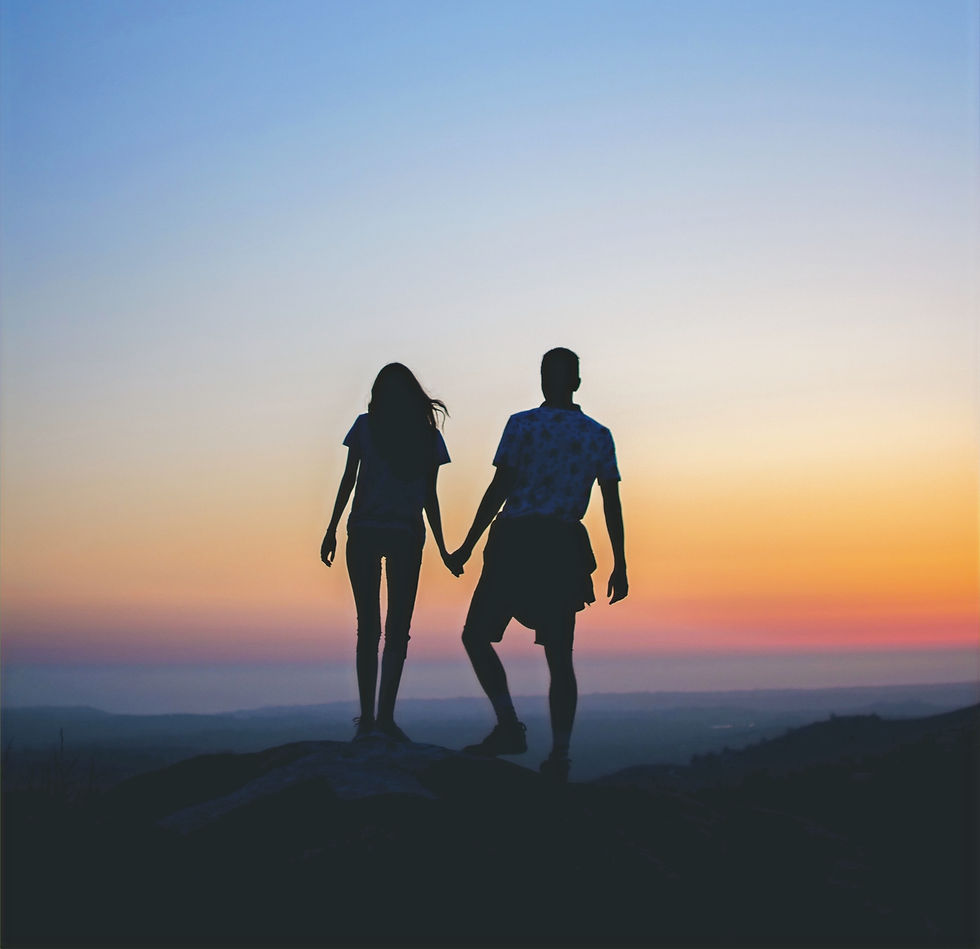 A couple holds hands while standing atop a hill, silhouetted against a beautiful sunset sky.