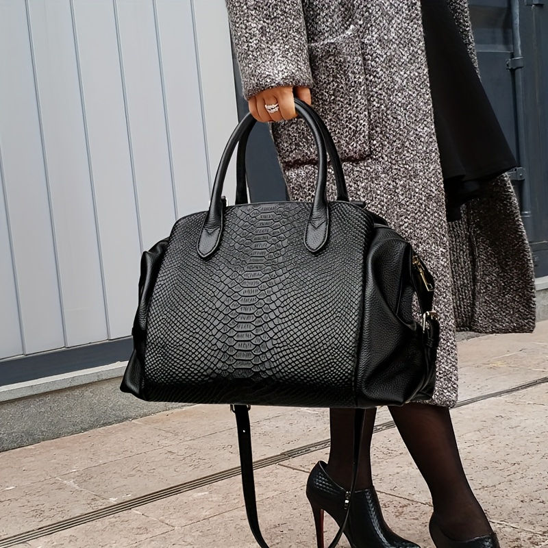 Thumbnail: Elegant Black Snake Pattern Handbag for Women - Large Capacity, Detachable Shou