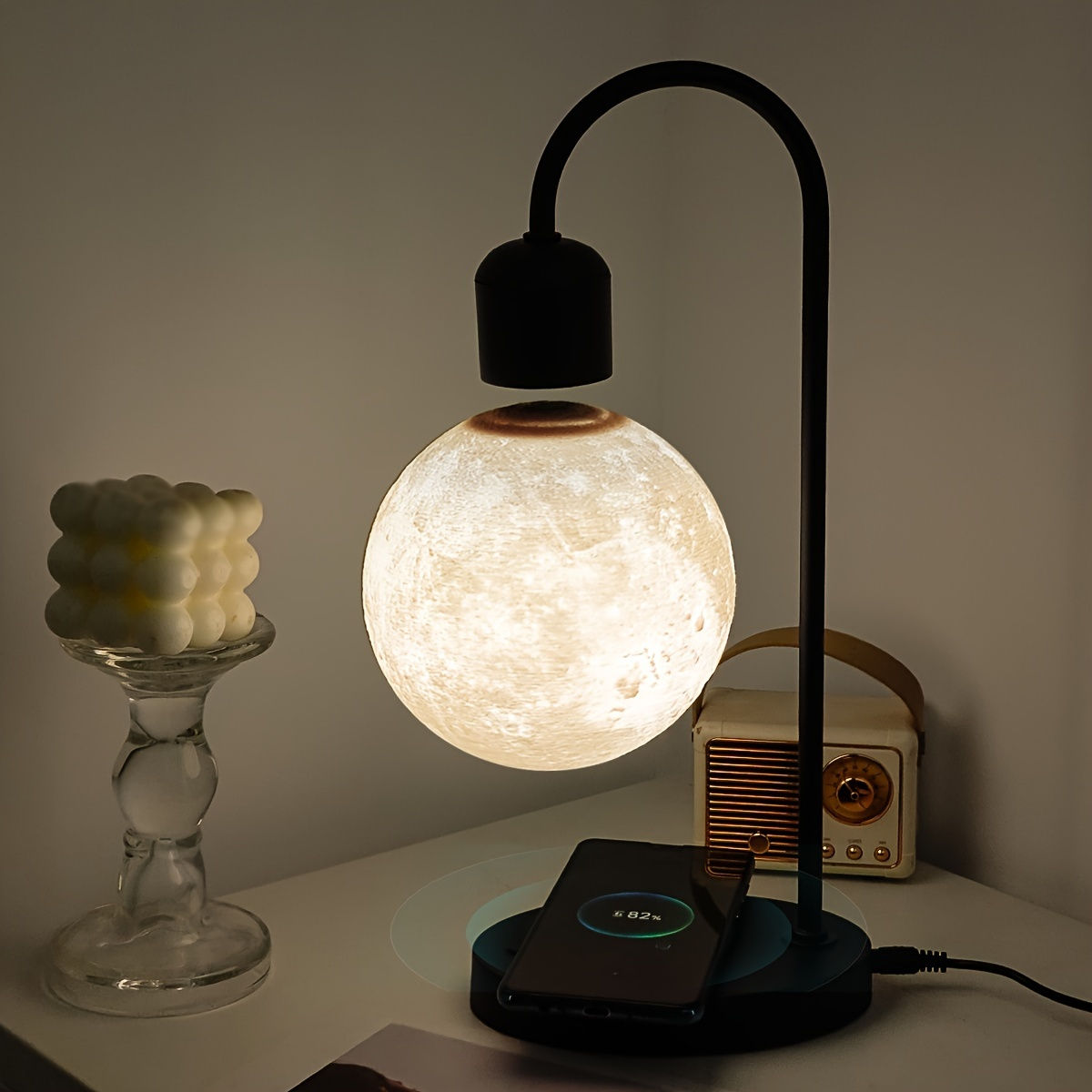 1pc Magnetic Floating Moon Lamp, Table Lamp, Desk Lamp, 15w Wireless Phone Char