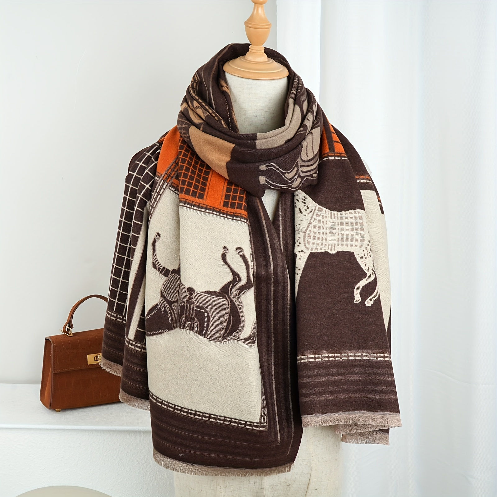 Double-Sided Bohemian Scarf - Warm & Breathable Polyester, Animal Print Design,