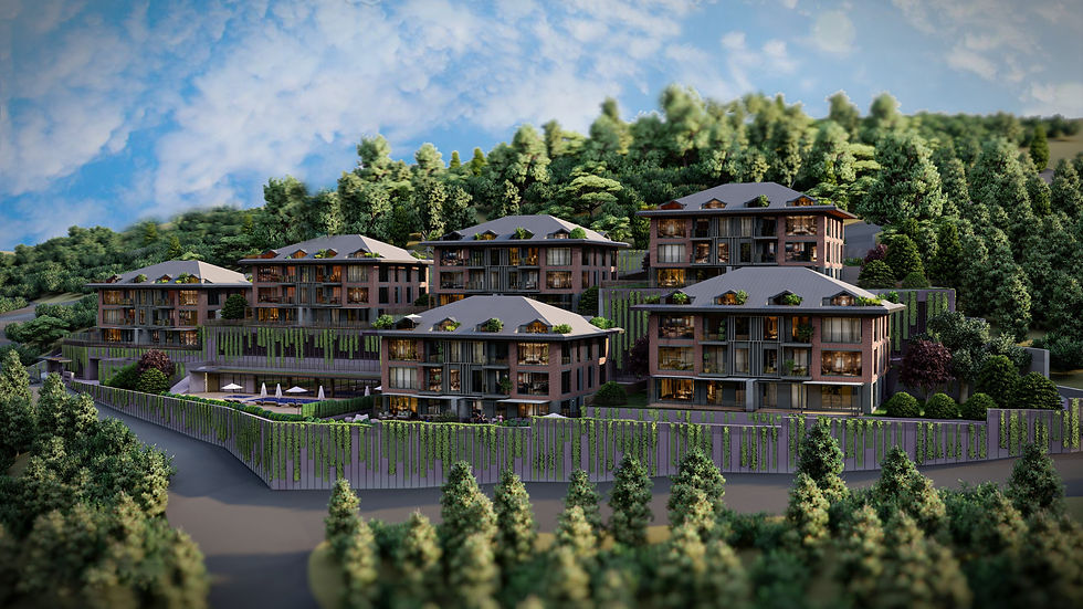 Wide angle view of a luxury residential complex surrounded by green trees and quiet streets