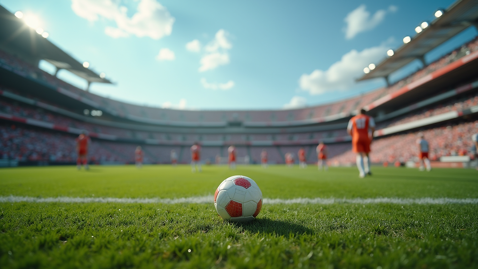 Eye-level view of a football field with players practicing