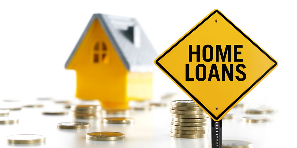 little fake house surrounded by coins and home loans sign