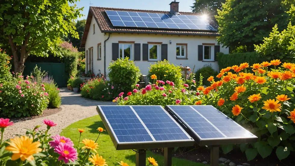 Close-up view of a beautiful garden with bright flowers and a solar panel