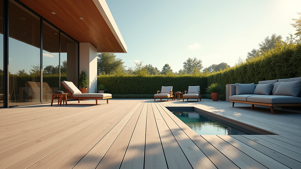 Eye-level view of a modern composite deck with outdoor furniture