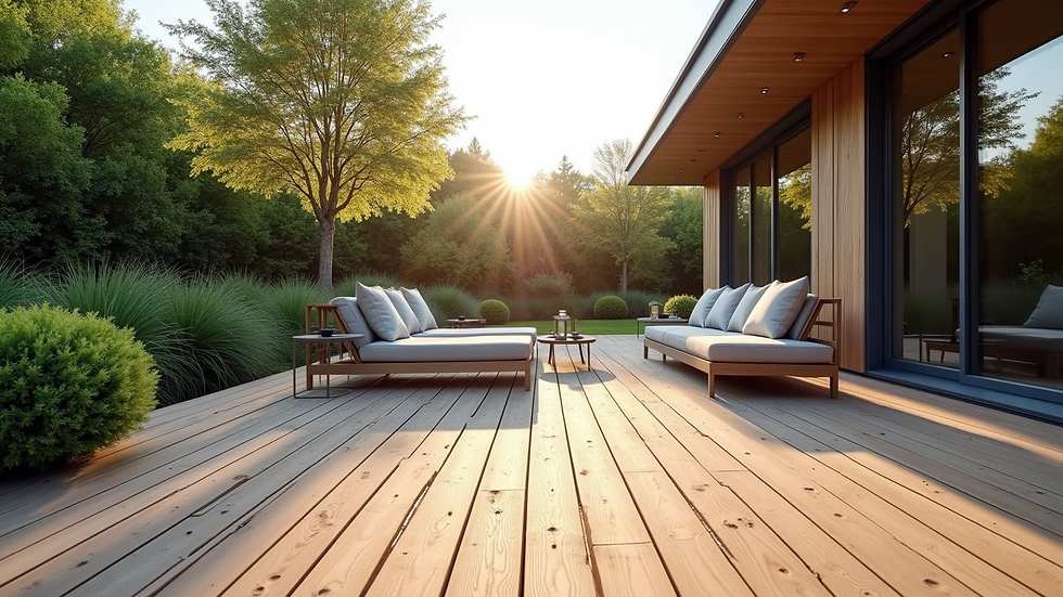 Eye-level view of a modern composite deck with outdoor furniture