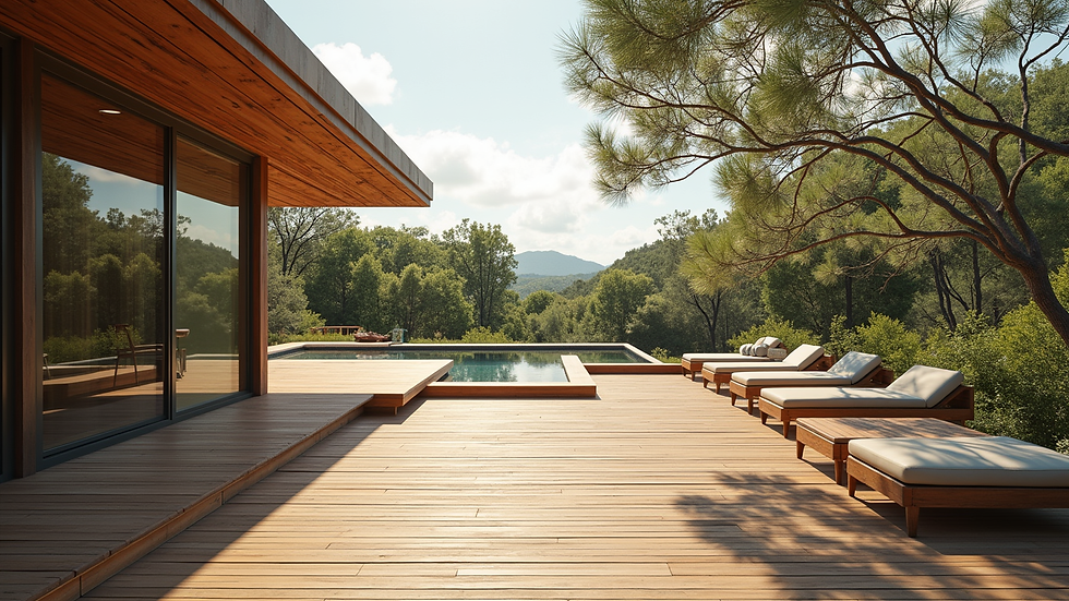 Wide angle view of a multi-level wooden deck with built-in seating