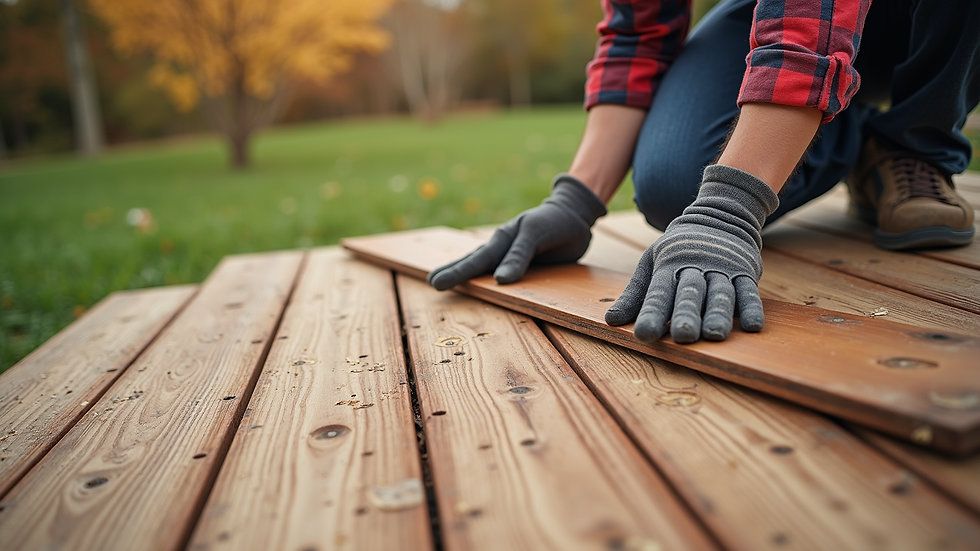 High angle view of a professional deck builder installing composite decking